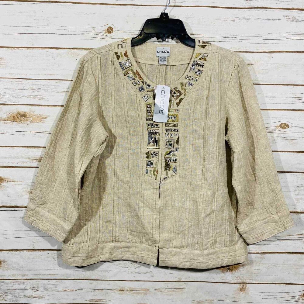 CHICOS EMBROIDERY Linen Blend Size 1 8-10  Tunic 3/4 Sleeve V-Neck Blouse ($129)